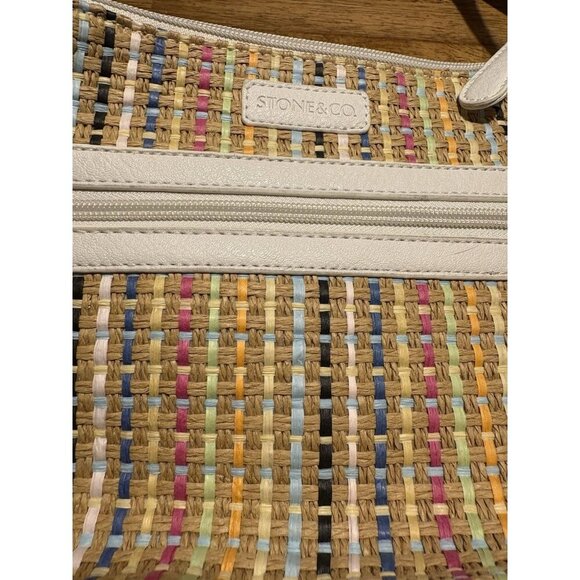 STONE & CO. Shoulder Bag White Faux Leather Multicolor Woven Straw Purse Boho - Picture 8 of 16